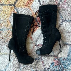 L.A.M.B. Prudence Lace Up Midcalf Heeled Boots in Black - 6.5